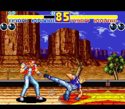 Fatal Fury 2 Super Nintendo Entertainment System SNES video game featuring 2D fighting gameplay Terry Bogard Andy Bogard Joe Higashi martial arts combat special moves combo attacks competitive matches character battles and classic 16 bit Nintendo arcade gameplay retro video game collection collectible gaming appeal gameplay