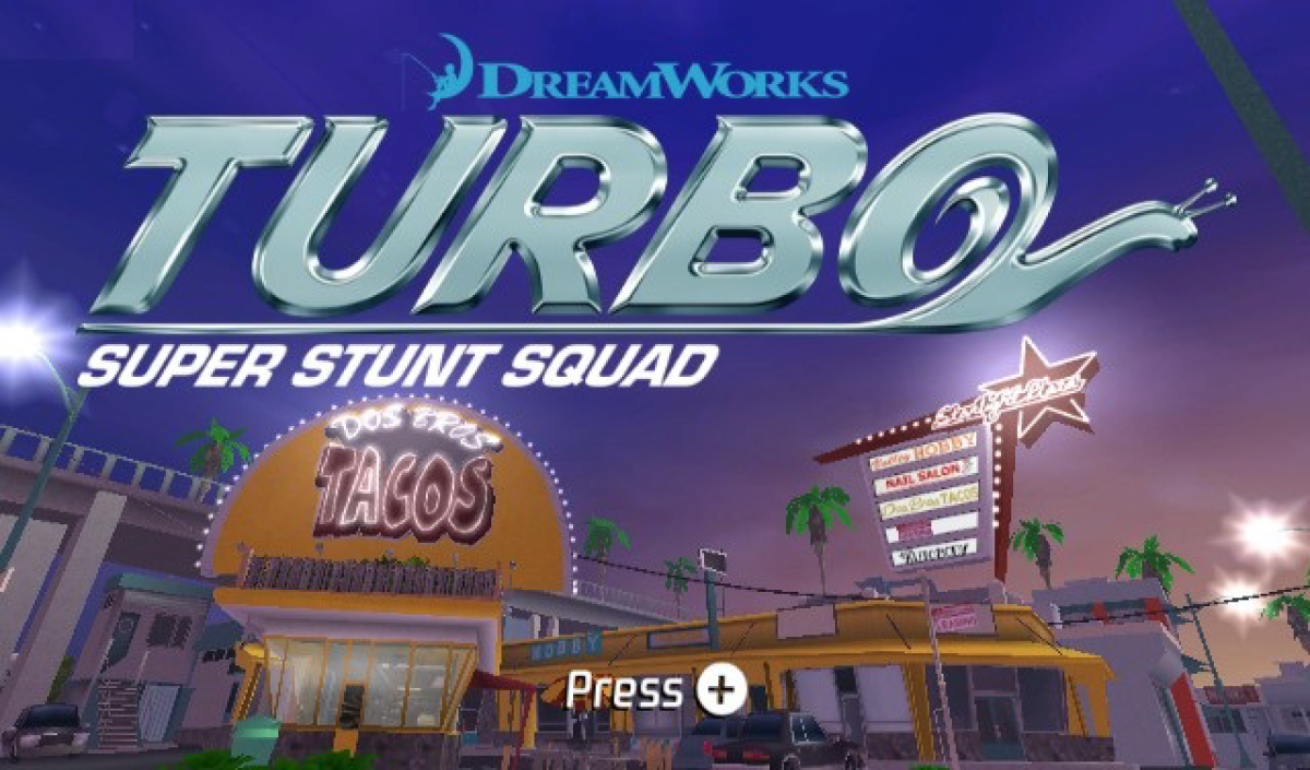 Turbo: Super Stunt Squad title screen Nintendo Wii (Wii) featuring stunt‑driven racing with characters from the DreamWorks film, performing tricks, jumps, and high‑speed challenges.