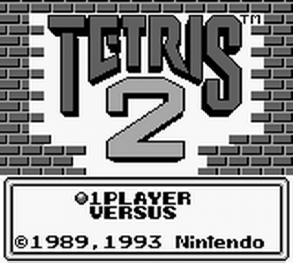 Tetris 2 for Game Boy, title screen for a puzzle video game with block-matching gameplay, strategic challenges, level progression, and classic handheld action