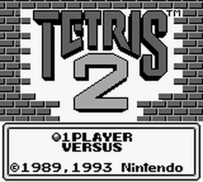 Tetris 2 for Game Boy, title screen for a puzzle video game with block-matching gameplay, strategic challenges, level progression, and classic handheld action