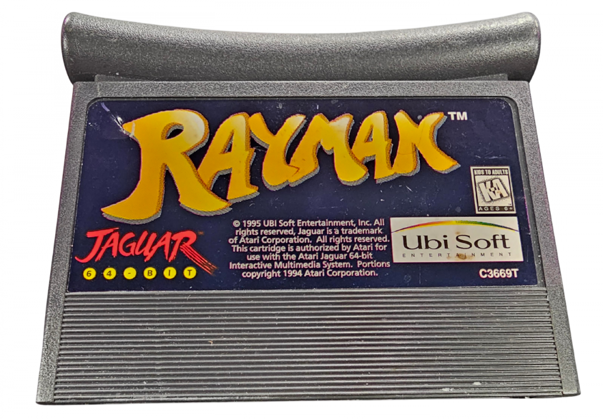 Rayman Atari Jaguar JAG for platforming adventure video game fans featuring Rayman colorful fantasy worlds side scrolling action enemy battles unique abilities power ups challenging levels collectibles and classic Atari Jaguar gameplay collectible retro gaming appeal detail angle