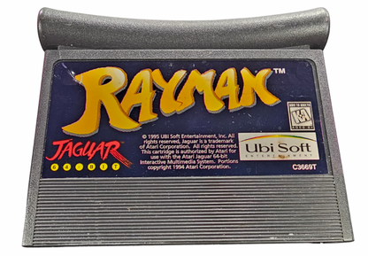 Rayman Atari Jaguar JAG for platforming adventure video game fans featuring Rayman colorful fantasy worlds side scrolling action enemy battles unique abilities power ups challenging levels collectibles and classic Atari Jaguar gameplay collectible retro gaming appeal detail angle