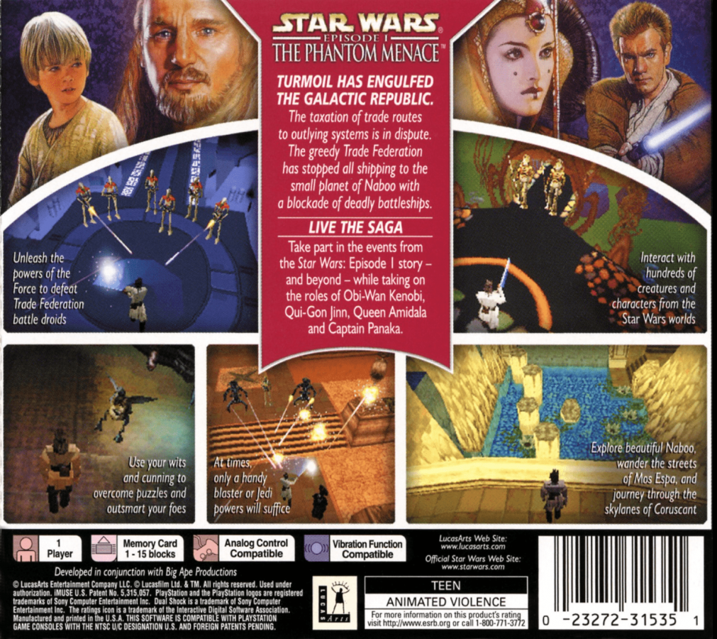 Star Wars: Episode I – The Phantom Menace back of case for PlayStation 1 (PS1) action-adventure video game