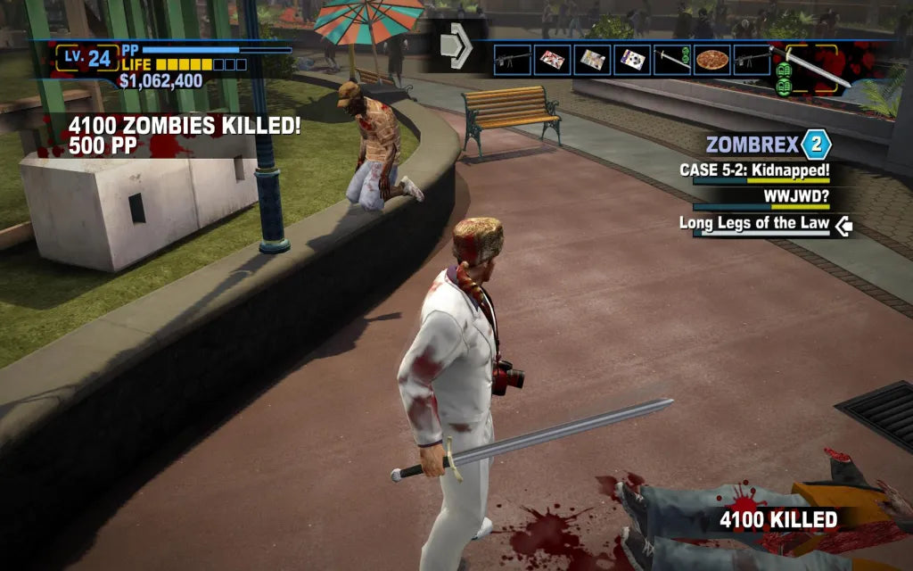 Dead Rising 2 Off the Record Xbox 360 game featuring open world zombie survival action as Frank West with sandbox gameplay combo weapons time based missions co op multiplayer and over the top undead combat by Capcom gameplay