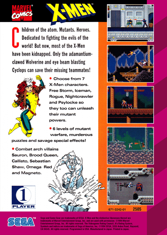 X-Men back cover art for Sega Game Gear (GG) video game