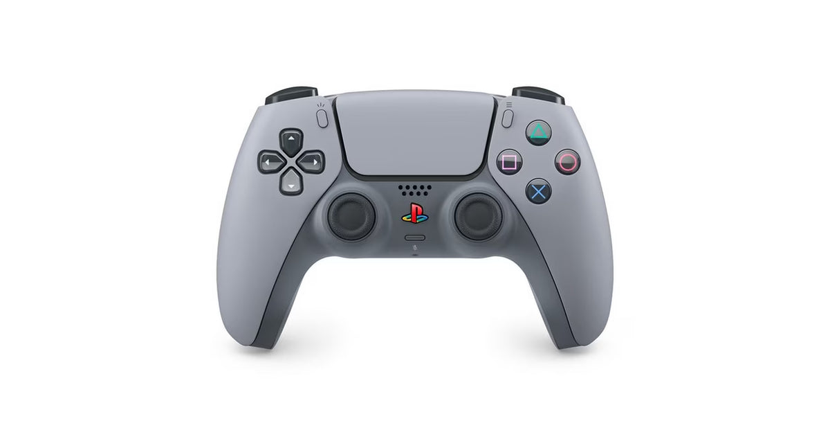 PlayStation 5 DualSense Wireless Controller 30th Anniversary Edition Pre Owned PS5 gaming accessory featuring classic PlayStation gray design retro inspired colored logo and iconic button symbols wireless Bluetooth connectivity adaptive triggers haptic feedback immersive vibration built in microphone touchpad motion sensors ergonomic grip rechargeable battery and responsive PlayStation 5 gaming controls collectible anniversary edition controller and gaming setup appeal front
