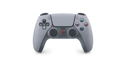 PlayStation 5 DualSense Wireless Controller 30th Anniversary Edition Pre Owned PS5 gaming accessory featuring classic PlayStation gray design retro inspired colored logo and iconic button symbols wireless Bluetooth connectivity adaptive triggers haptic feedback immersive vibration built in microphone touchpad motion sensors ergonomic grip rechargeable battery and responsive PlayStation 5 gaming controls collectible anniversary edition controller and gaming setup appeal front