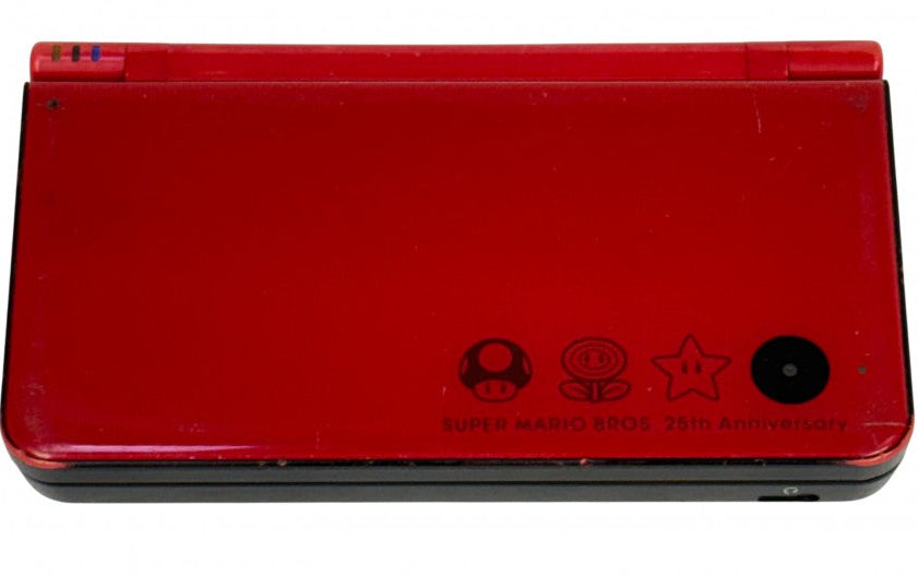 Nintendo DSi XL Mario 25th Anniversary Edition inspired design featuring collectible handheld gaming console aesthetic vibrant red finish Super Mario themed celebration edition oversized dual screens portable Nintendo entertainment iconic anniversary hardware presentation top