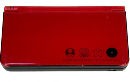 Nintendo DSi XL Mario 25th Anniversary Edition inspired design featuring collectible handheld gaming console aesthetic vibrant red finish Super Mario themed celebration edition oversized dual screens portable Nintendo entertainment iconic anniversary hardware presentation top