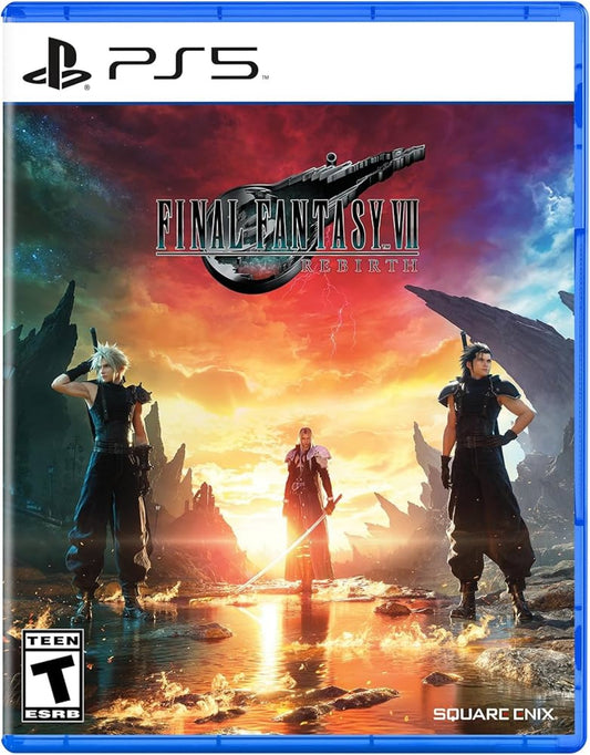 Final Fantasy VII Rebirth PS5 game featuring epic JRPG storytelling, turn-based and real-time hybrid combat, and immersive cinematic visuals on PlayStation 5 cover art
