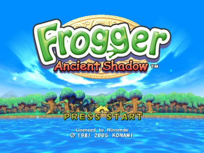 Title screen for Frogger Ancient Shadow GameCube GC video game, arcade action, puzzle platformer, family-friendly, classic Nintendo GameCube title, adventure and strategy 