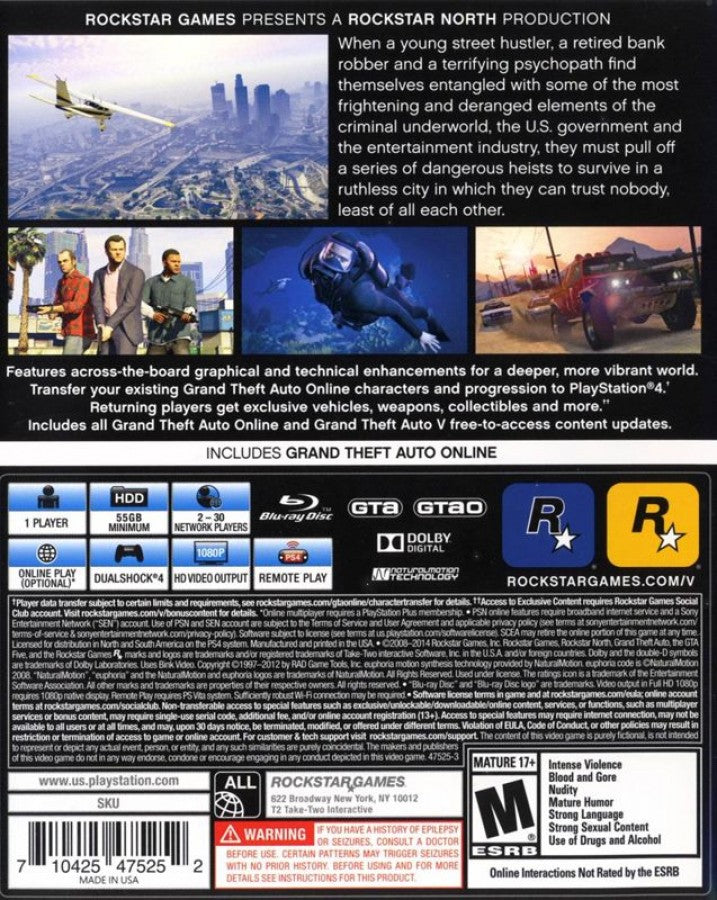 Grand Theft Auto V [Premium Edition] back cover art for PlayStation 4 video game. 