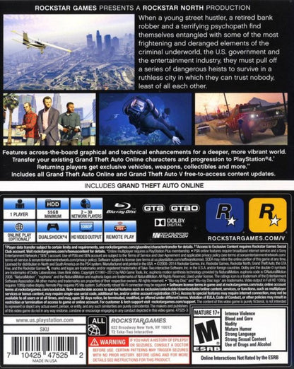 Grand Theft Auto V [Premium Edition] back cover art for PlayStation 4 video game. 