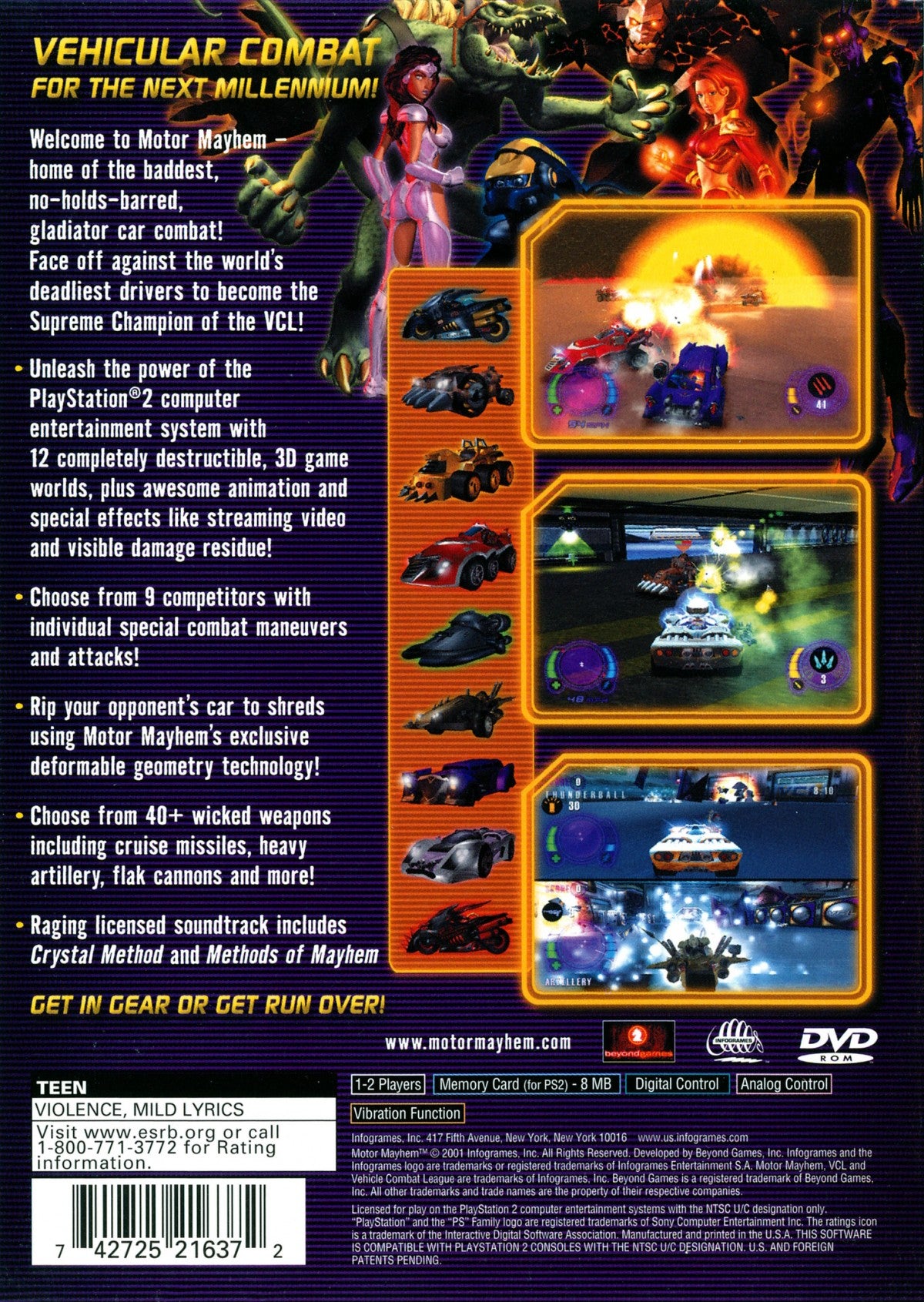 Motor Mayhem – PlayStation 2 (PS2) vehicular combat racing video game back of case