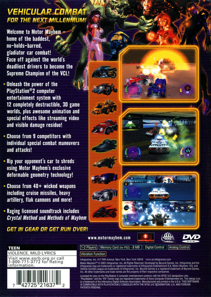Motor Mayhem – PlayStation 2 (PS2) vehicular combat racing video game back of case