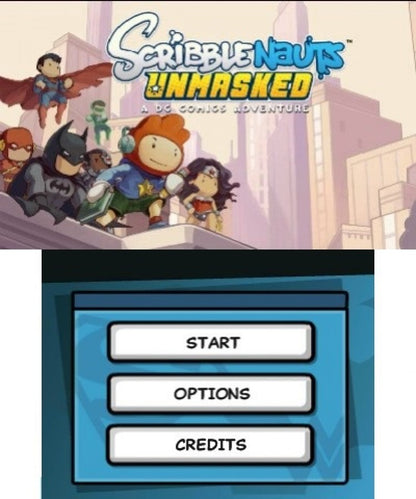Scribblenauts Unmasked: A DC Comics Adventure start screen for Nintendo 3DS (3DS) puzzle action video game