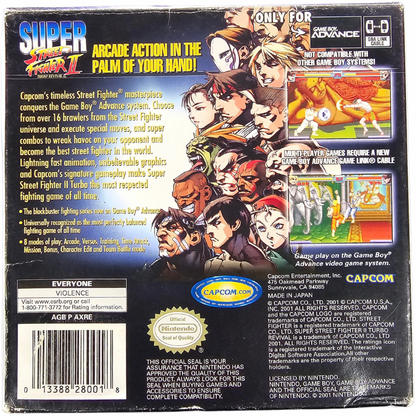 Super Street Fighter II Game Boy Advance GBA video game Complete In Box CIB featuring classic fighting gameplay iconic Street Fighter characters special moves combo attacks competitive battles arcade style action and classic handheld Nintendo gameplay retro video game collection collectible gaming appeal back cover art