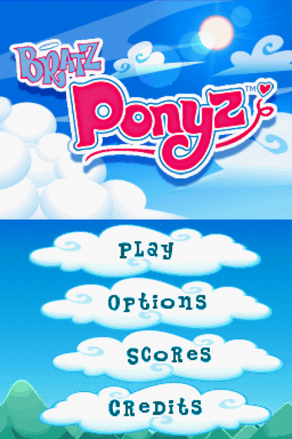 Bratz: Ponyz start screen for Nintendo DS (DS) fashion pet simulation video game