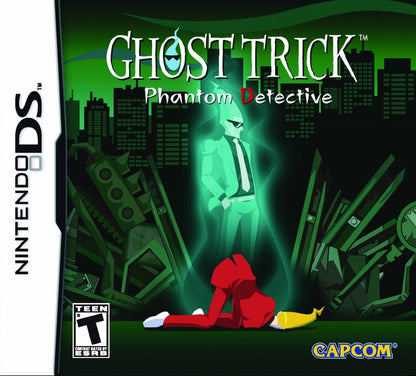 Ghost Trick Phantom Detective Nintendo DS video game, puzzle adventure, mystery storytelling, stylized visuals, handheld console title cover art