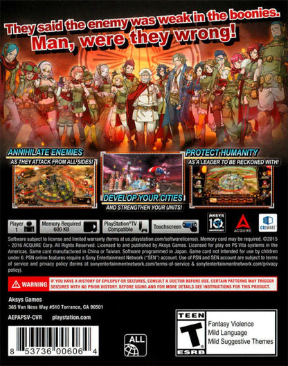 Aegis of Earth: Protonovus Assault back cover art for PlayStation Vita video game, action strategy tower defense, sci-fi mech combat, handheld console title