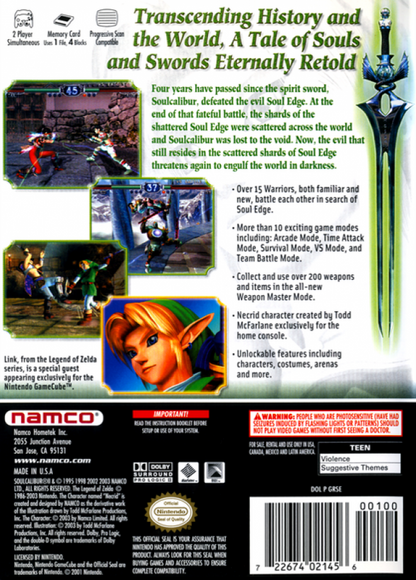 Soul Calibur II [Player's Choice] back cover art for GameCube (GC) game featuring weapon-based fighting gameplay and exclusive Link character from The Legend of Zelda.