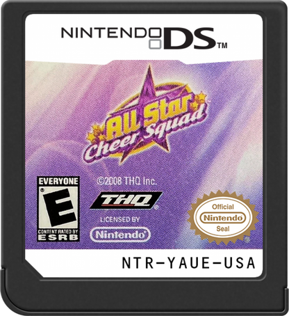 All-Star Cheer Squad Nintendo DS cartridge for retro video game featuring competitive cheerleading gameplay, rhythm based routines, customizable squads, dance challenges, and portable sports simulation action on the Nintendo DS handheld system