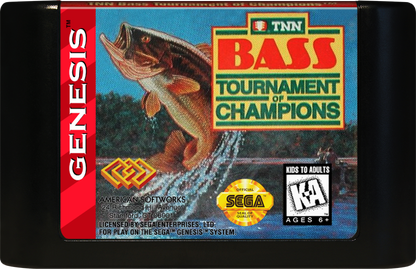 TNN Bass Tournament of Champions Sega Genesis GEN video game featuring fishing simulation gameplay bass fishing tournaments competitive angling challenges realistic fishing action tournament events lure selection and classic 16 bit Sega gameplay retro video game collection collectible gaming appeal cartridge