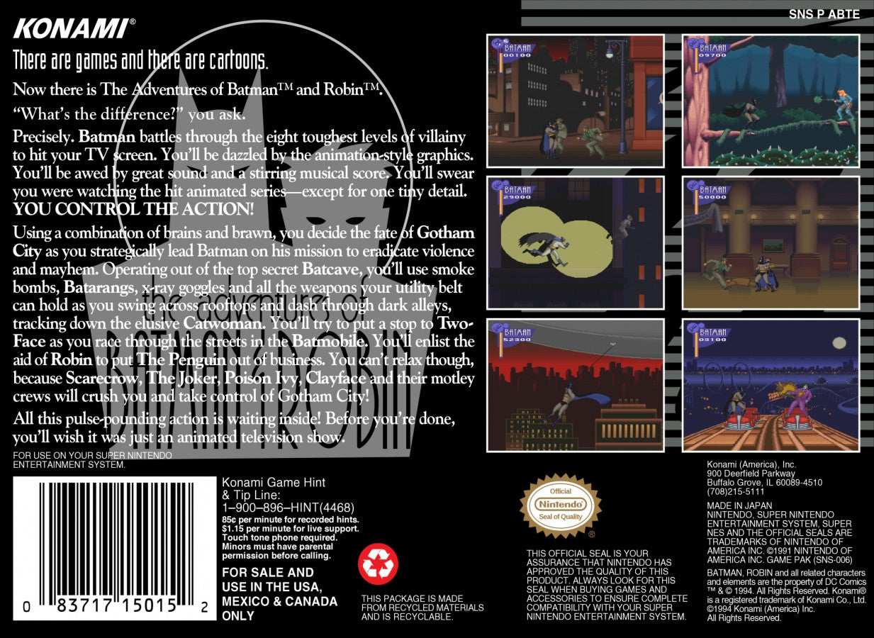 The Adventures of Batman and Robin for Super Nintendo action platformer featuring Batman and Robin battling villains from the animated series with gadgets combat and side scrolling back cover art 