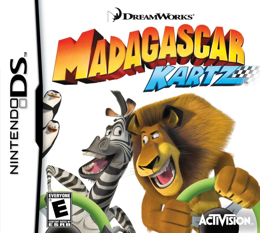 Madagascar Kartz Nintendo DS DS video game featuring kart racing gameplay Madagascar animated movie characters Alex Marty Gloria Melman and penguin racers colorful race tracks wild obstacle courses power ups speed boosts drifting stunts competitive racing cups multiplayer challenges and family friendly arcade driving action classic Nintendo DS handheld gaming retro video game collection collectible gaming appeal front cover art