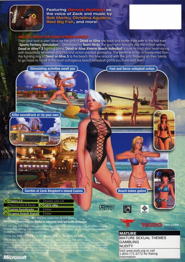 Dead or Alive Xtreme Beach Volleyball Xbox sports and mini-games title featuring characters playing beach volleyball in tropical settings gameplay back cover art