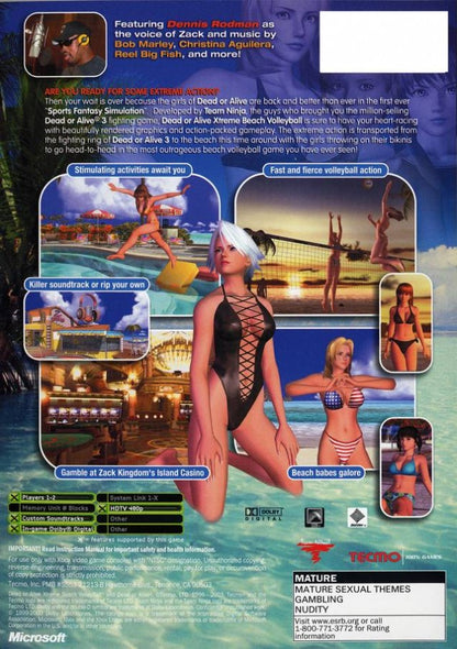 Dead or Alive Xtreme Beach Volleyball Xbox sports and mini-games title featuring characters playing beach volleyball in tropical settings gameplay back cover art
