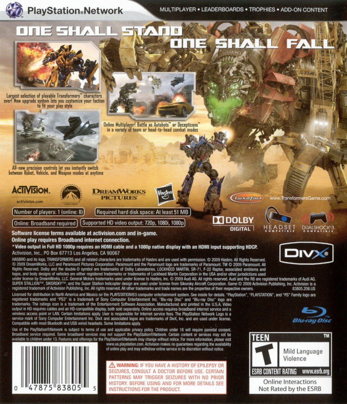 Transformers Revenge of the Fallen PlayStation 3 PS3 retro video game action adventure featuring Autobots and Decepticons intense robot combat transforming vehicle gameplay explosive missions Transformers movie based action PlayStation 3 gaming experience collectible game collection appeal back cover art