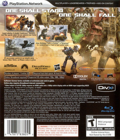 Transformers Revenge of the Fallen PlayStation 3 PS3 retro video game action adventure featuring Autobots and Decepticons intense robot combat transforming vehicle gameplay explosive missions Transformers movie based action PlayStation 3 gaming experience collectible game collection appeal back cover art