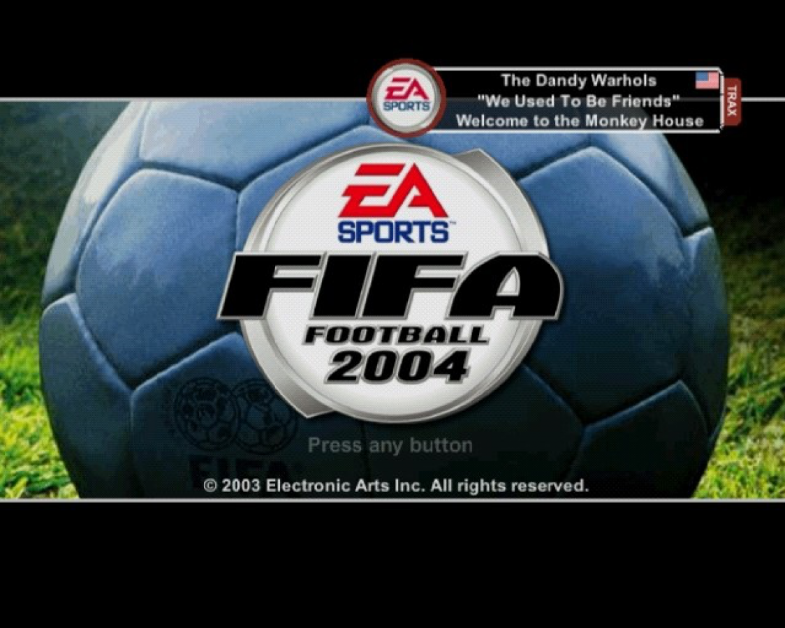 FIFA 2004 title screen for PlayStation 2 (PS2) international soccer sports simulation video game