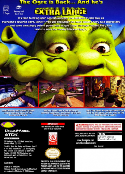 Shrek: Extra Large back of case for Nintendo GameCube (GC) action adventure video game