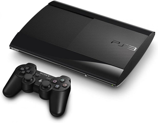 PlayStation 3 Super Slim 120GB console system featuring sleek compact design built-in 120GB hard drive Blu-ray player HDMI output wireless DualShock 3 compatibility and access to classic PS3 games online multiplayer and PlayStation Network entertainment front