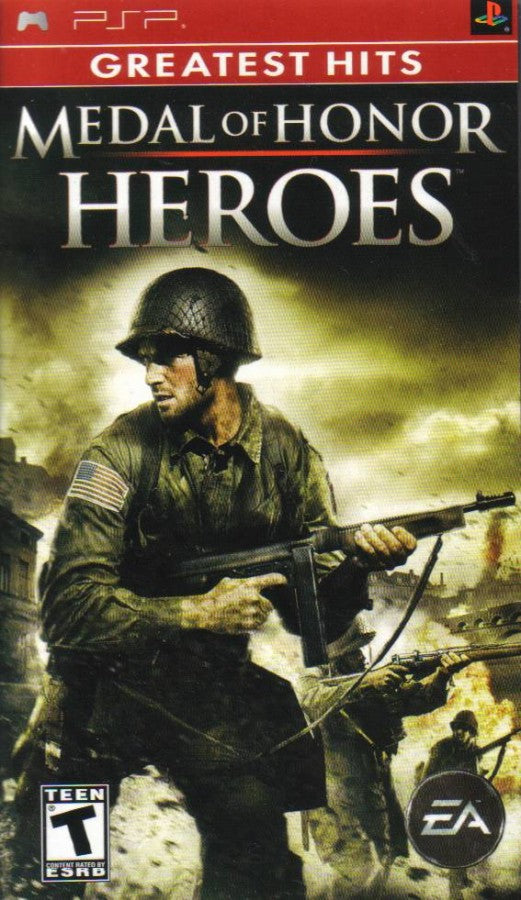 Medal of Honor Heroes UMD for the PlayStation Portable featuring World War II first person shooter gameplay with campaign missions multiplayer modes and tactical combat across historic battlefields front cover