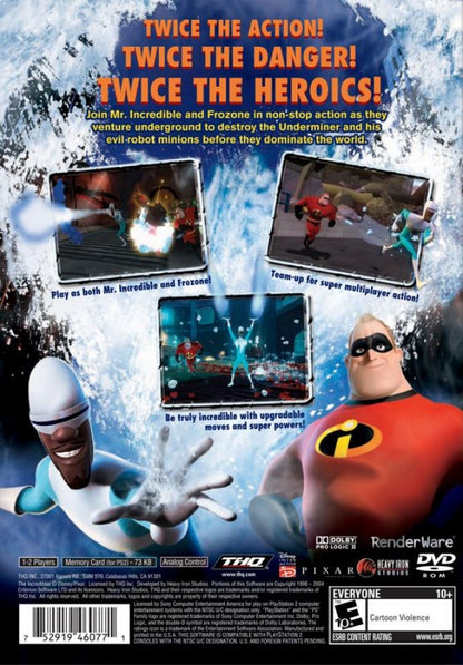 
The Incredibles Rise of the Underminer PlayStation 2 PS2 video game, action adventure, Pixar movie tie-in, cooperative gameplay, family-friendly console title back cover