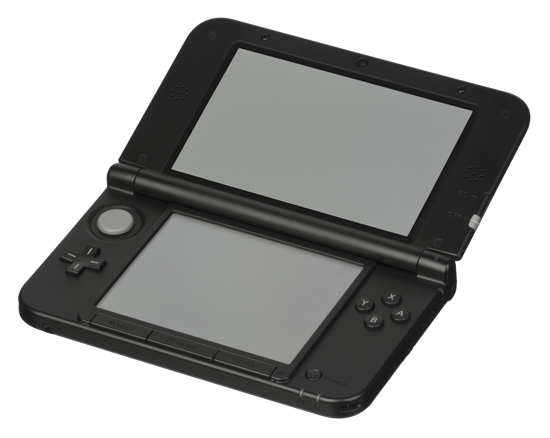 black nintendo 3ds xl handheld gaming console with large dual screens, 3d capability, built in camera, and backward compatibility for ds and 3ds games open view turned off