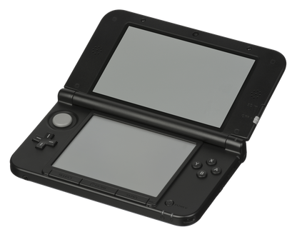 black nintendo 3ds xl handheld gaming console with large dual screens, 3d capability, built in camera, and backward compatibility for ds and 3ds games open view turned off