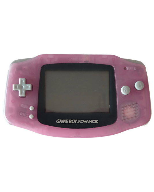 Fuchsia Pink Game Boy Advance console featuring original horizontal handheld design vibrant pink shell uses AA batteries compatible with Game Boy and Game Boy Color cartridges and classic Nintendo portable gaming system front of screen