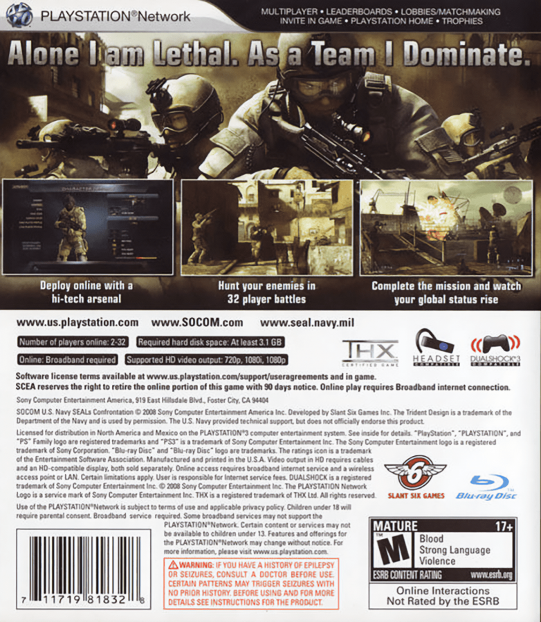 SOCOM Confrontation back cover art for PlayStation 3 (PS3) video game