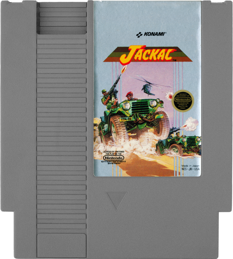 Jackal Nintendo Entertainment System NES video game featuring military action gameplay armed jeep combat enemy bases weapon upgrades explosive attacks challenging missions and classic 8 bit top down action retro video game collection collectible gaming appeal game cartridge