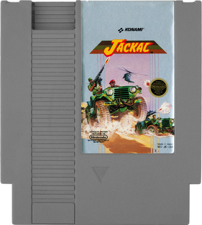 Jackal Nintendo Entertainment System NES video game featuring military action gameplay armed jeep combat enemy bases weapon upgrades explosive attacks challenging missions and classic 8 bit top down action retro video game collection collectible gaming appeal game cartridge