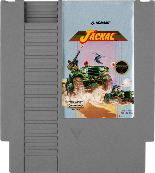 Jackal Nintendo Entertainment System NES video game featuring military action gameplay armed jeep combat enemy bases weapon upgrades explosive attacks challenging missions and classic 8 bit top down action retro video game collection collectible gaming appeal game cartridge