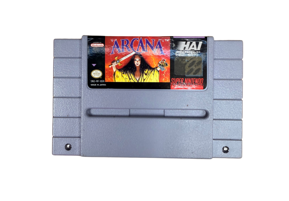 Arcana Super Nintendo SNES retro video game featuring classic fantasy RPG gameplay turn based combat dungeon exploration magic spells and strategic battles. Arcana SNES role playing adventure with collectible retro gaming appeal for Super Nintendo fans and RPG enthusiasts front of cartridge