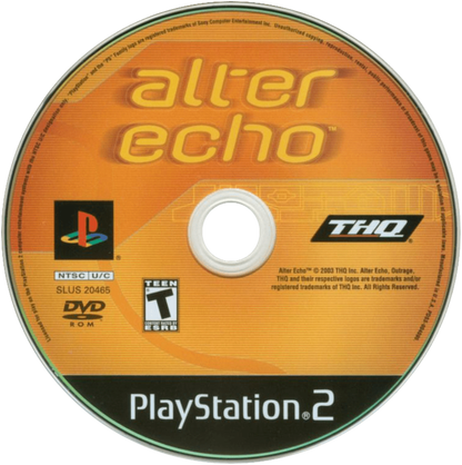Alter Echo for PlayStation 2 (PS2) featuring a sci fi action adventure where you switch between three bio suit forms to solve puzzles and fight enemies; use fast melee and ranged combat explore alien environments and adapt your abilities to overcome challenges on PS2 disc