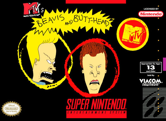 Beavis and Butthead – Super Nintendo Entertainment System (SNES) cover art for retro comedy video game 