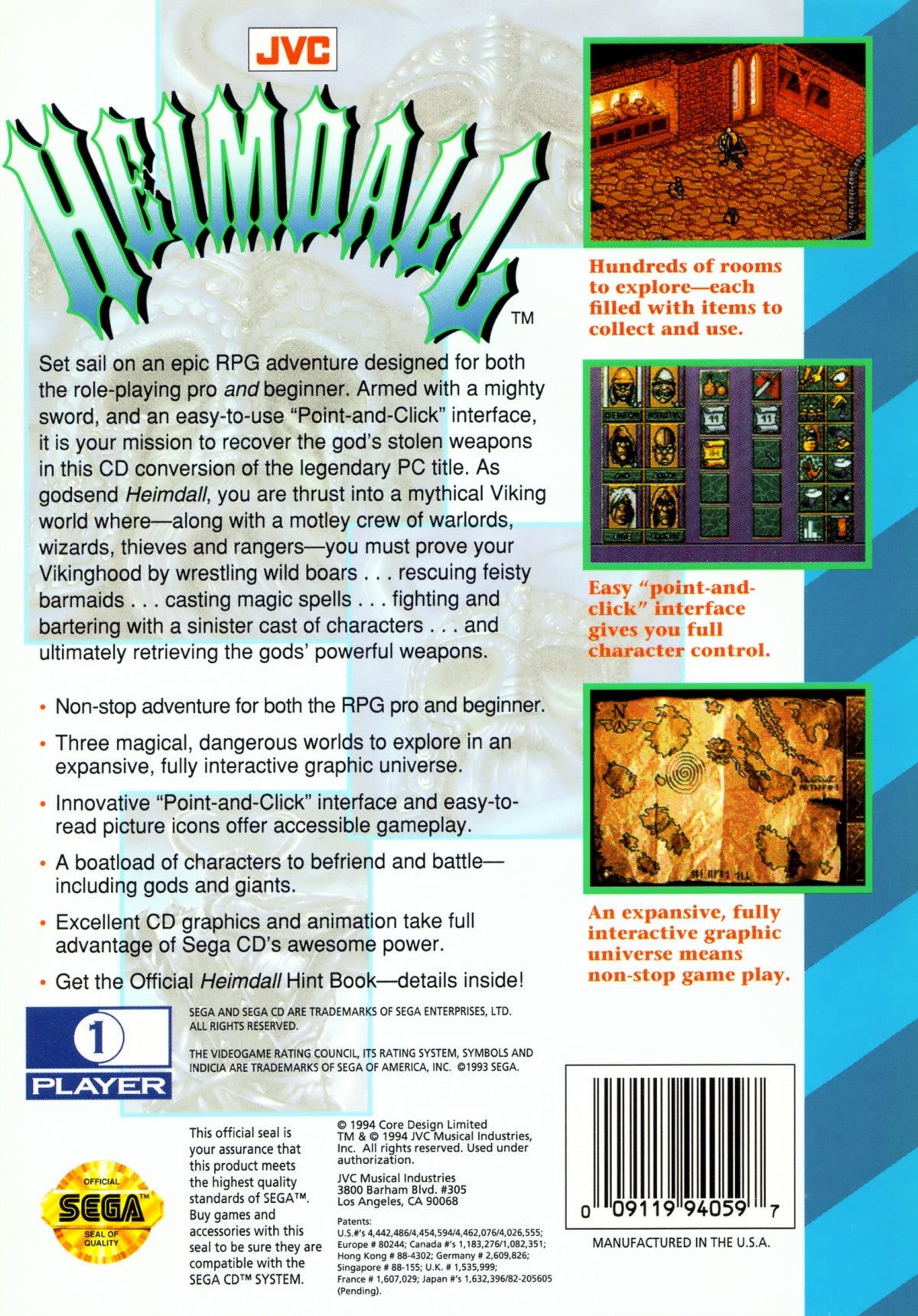 Heimdall Sega CD action RPG isometric fantasy adventure Viking mythology exploration puzzle solving combat magic spells character driven quest gameplay Core Design retro gaming Sega CD software video game title back cover art