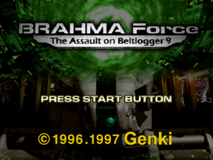 BRAHMA Force: The Assault on Beltlogger 9 PlayStation 1 PS1 for third person shooter retro video game fans featuring mech combat futuristic sci fi battles powerful weapons explosive action mission based gameplay armored vehicles collectible gaming appeal title screen